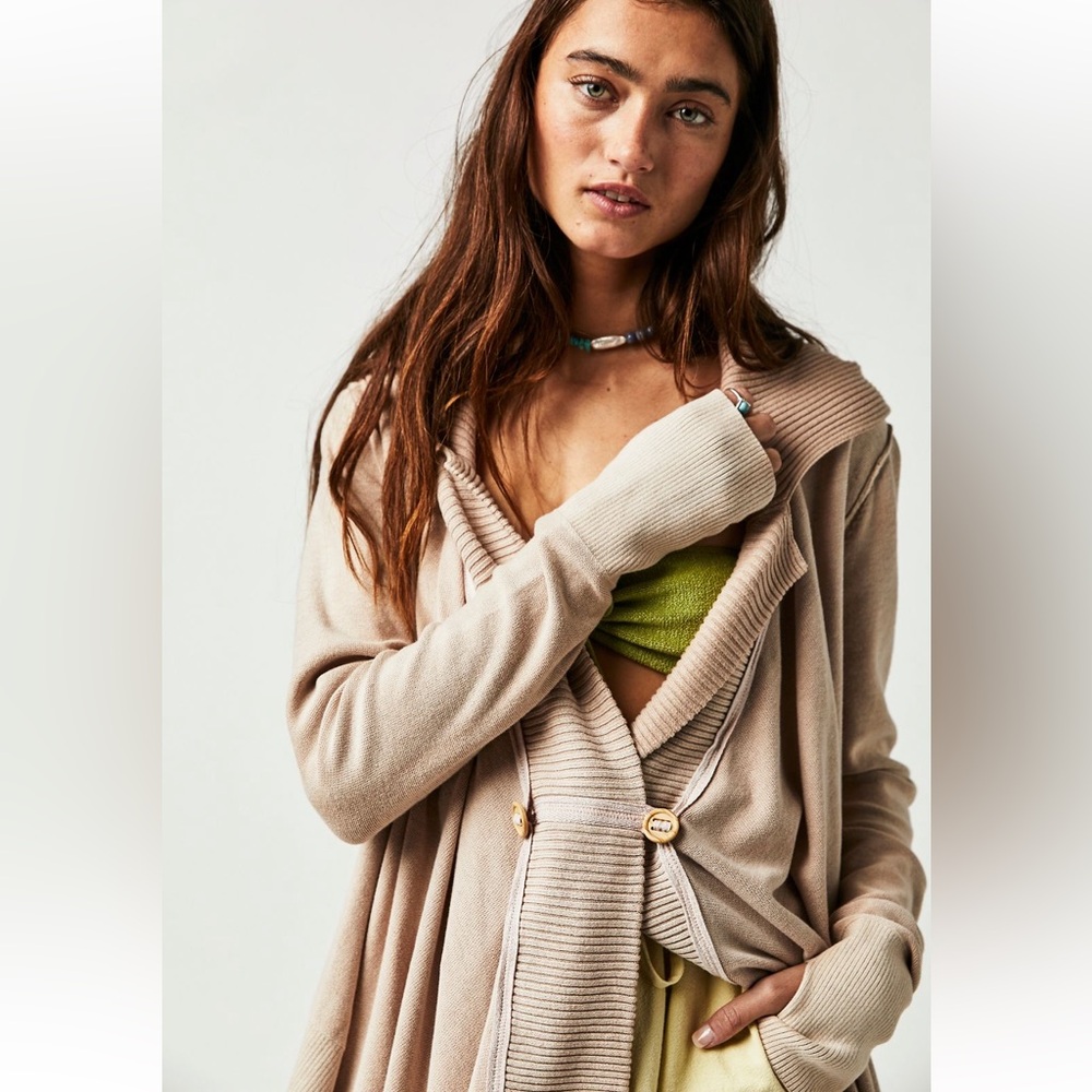Free People Beige Open-Front Cardigan with Green Accent